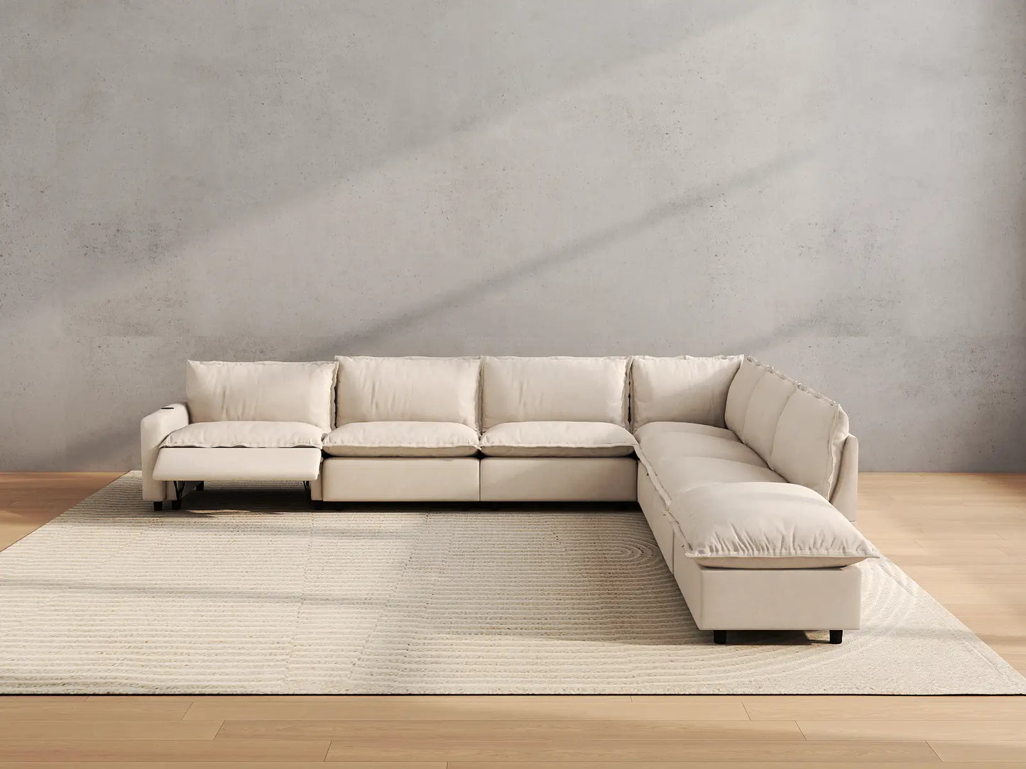 Modular Cero Reclining Sectionals | 7-Piece Beige Linen Grand Estate V-Shaped Sectionals 6-Seater with 1-Ottoman