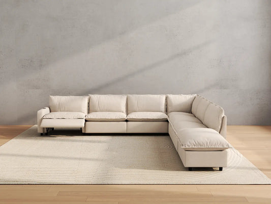 Modular Cero Reclining Sectionals | 7-Piece Beige Linen Grand Estate V-Shaped Sectionals 6-Seater with 1-Ottoman