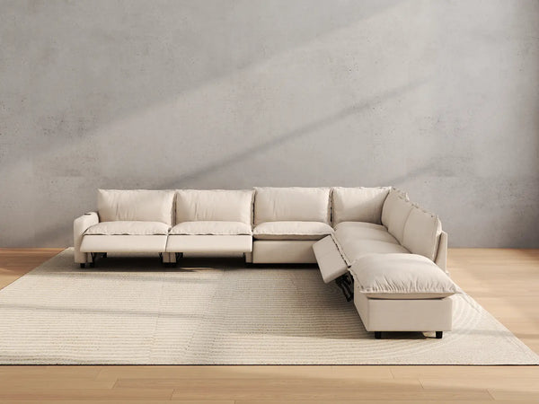 Modular Cero Sectional Couch with Recliner and Chaise | 7-Piece Beige Linen Grand Estate V-Shaped Sectionals 6-Seater with 1-Ottoman