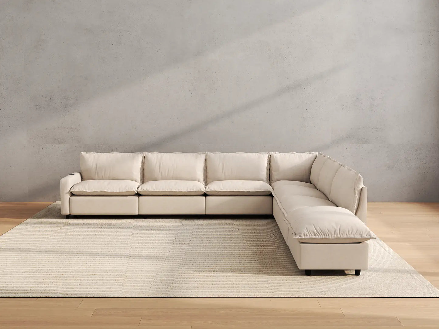 Modular Cero Reclining Sectionals | 7-Piece Beige Linen Grand Estate V-Shaped Sectionals 6-Seater with 1-Ottoman