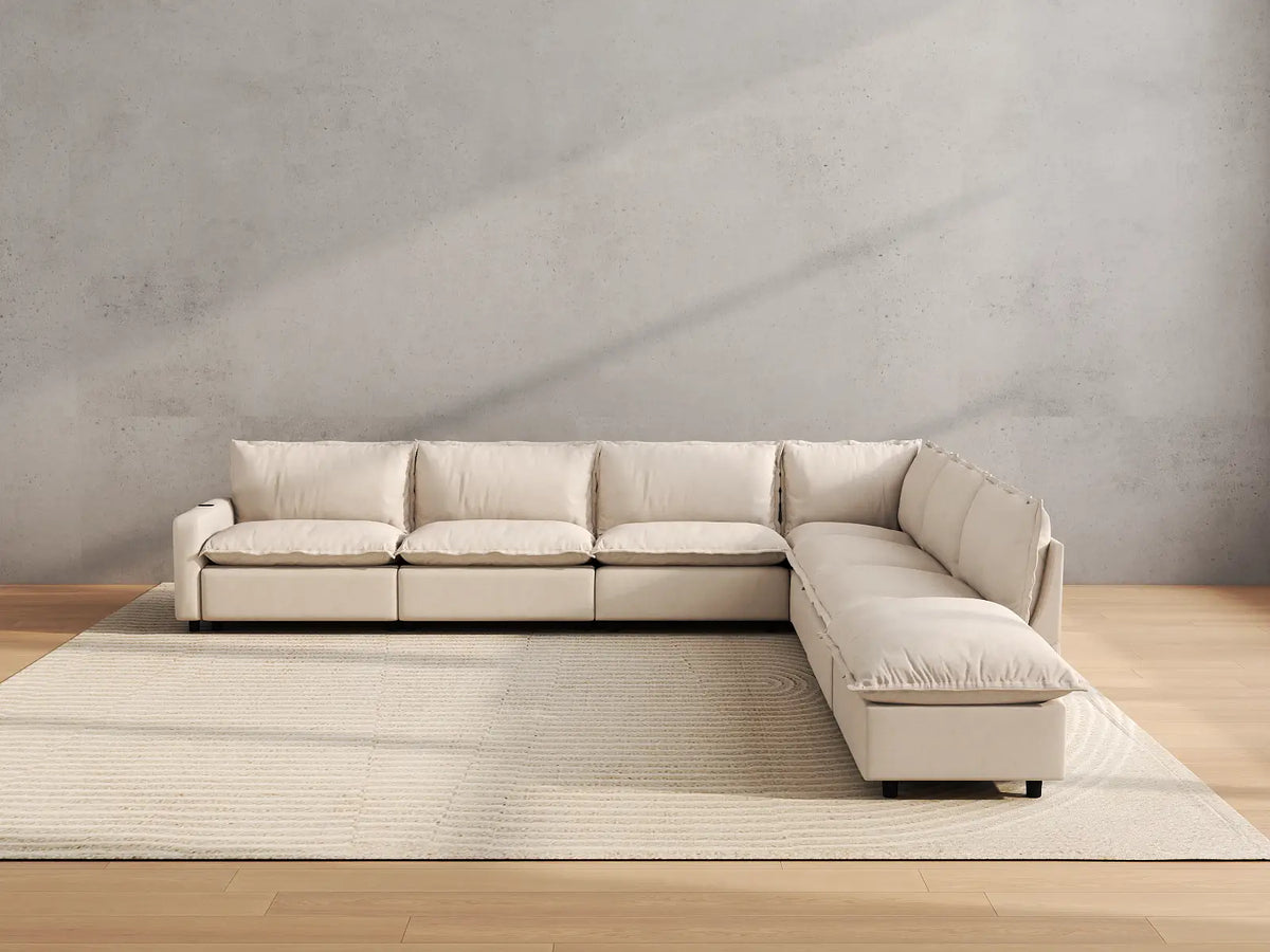 Modular Cero Reclining Sectionals | 7-Piece Beige Linen Grand Estate V-Shaped Sectionals 6-Seater with 1-Ottoman