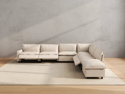 Modular Cero Reclining Sectionals | 7-Piece Beige Linen Grand Estate V-Shaped Sectionals 6-Seater with 1-Ottoman