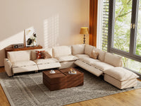 Modular Cero Sectional Couch with Recliner and Chaise | 7-Piece Beige Linen Grand Estate V-Shaped Sectionals 6-Seater with 1-Ottoman