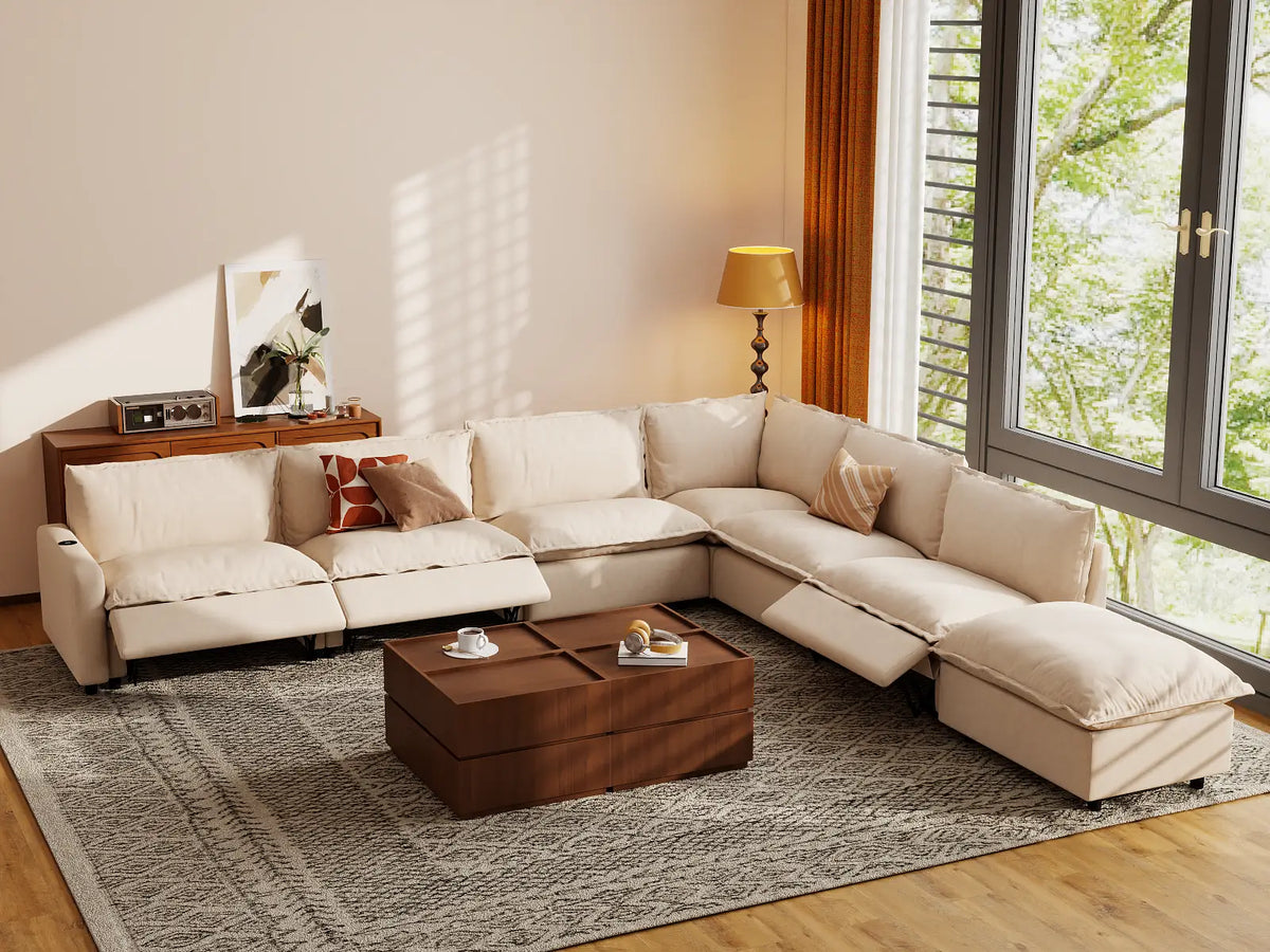Modular Cero Reclining Sectionals | 7-Piece Beige Linen Grand Estate V-Shaped Sectionals 6-Seater with 1-Ottoman