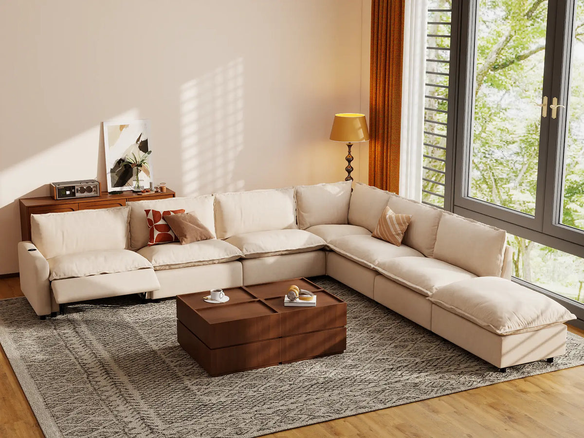 Modular Cero Reclining Sectionals | 7-Piece Beige Linen Grand Estate V-Shaped Sectionals 6-Seater with 1-Ottoman