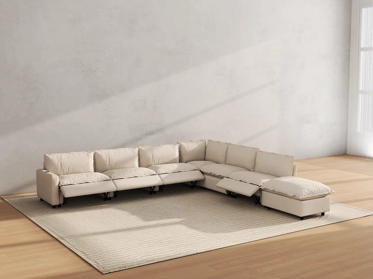 Modular Cero Reclining Sectionals | 7-Piece Beige Linen Grand Estate V-Shaped Sectionals 6-Seater with 1-Ottoman