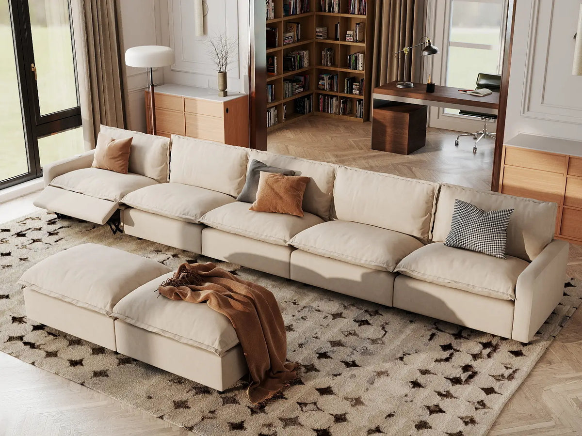 7 Piece Beige Linen Kid Friendly Sofa Sets 5 Seater with 2 Ottomans 1