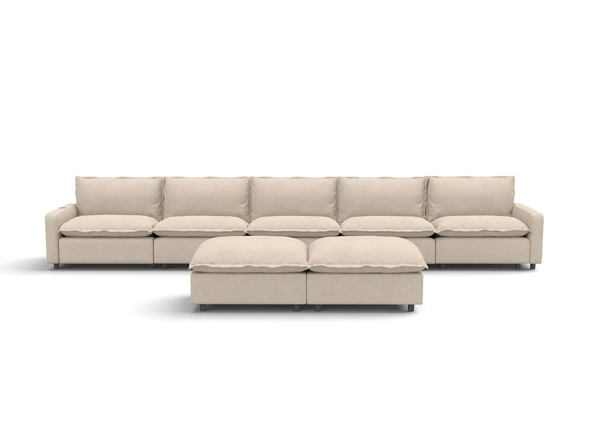 7 Piece Beige Linen Kid Friendly Sofa Sets 5 Seater with 2 Ottomans 3