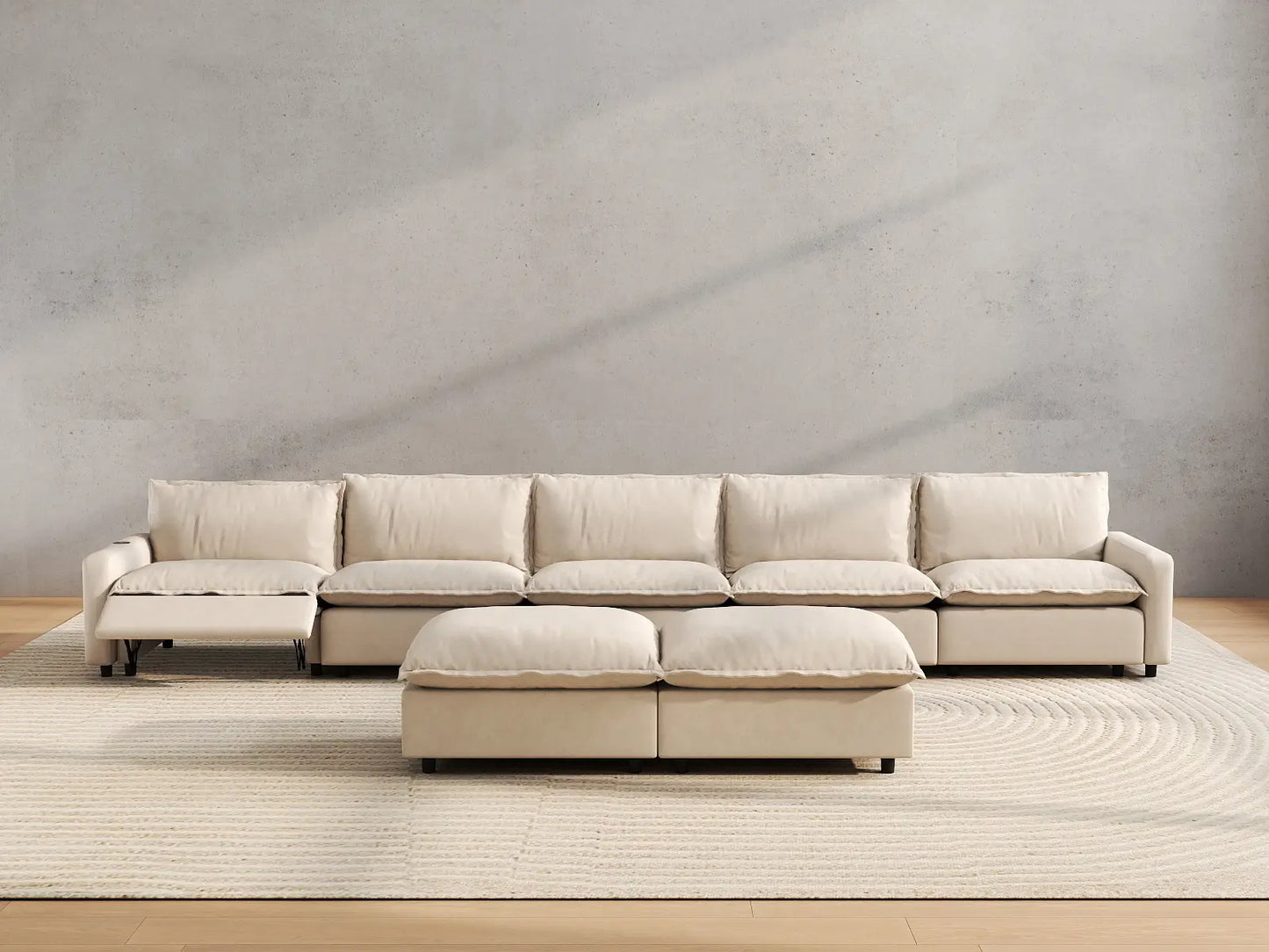 7 Piece Beige Linen Kid Friendly Sofa Sets 5 Seater with 2 Ottomans 4