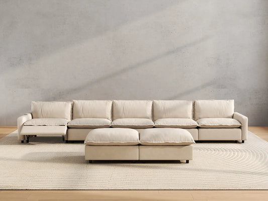 7 Piece Beige Linen Kid Friendly Sofa Sets 5 Seater with 2 Ottomans 4