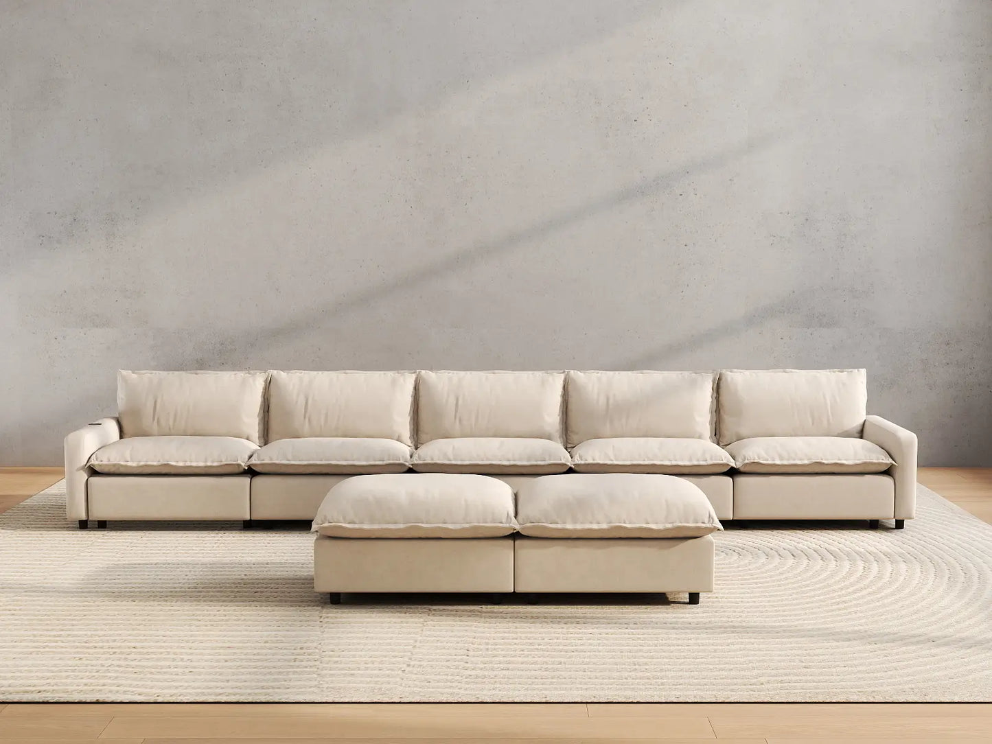 7 Piece Beige Linen Kid Friendly Sofa Sets 5 Seater with 2 Ottomans 5
