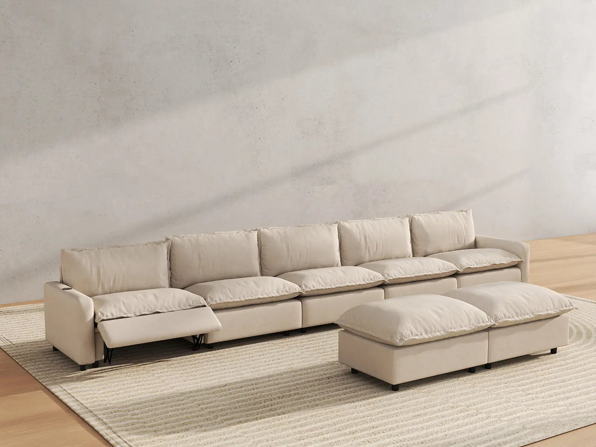 7 Piece Beige Linen Kid Friendly Sofa Sets 5 Seater with 2 Ottomans 6