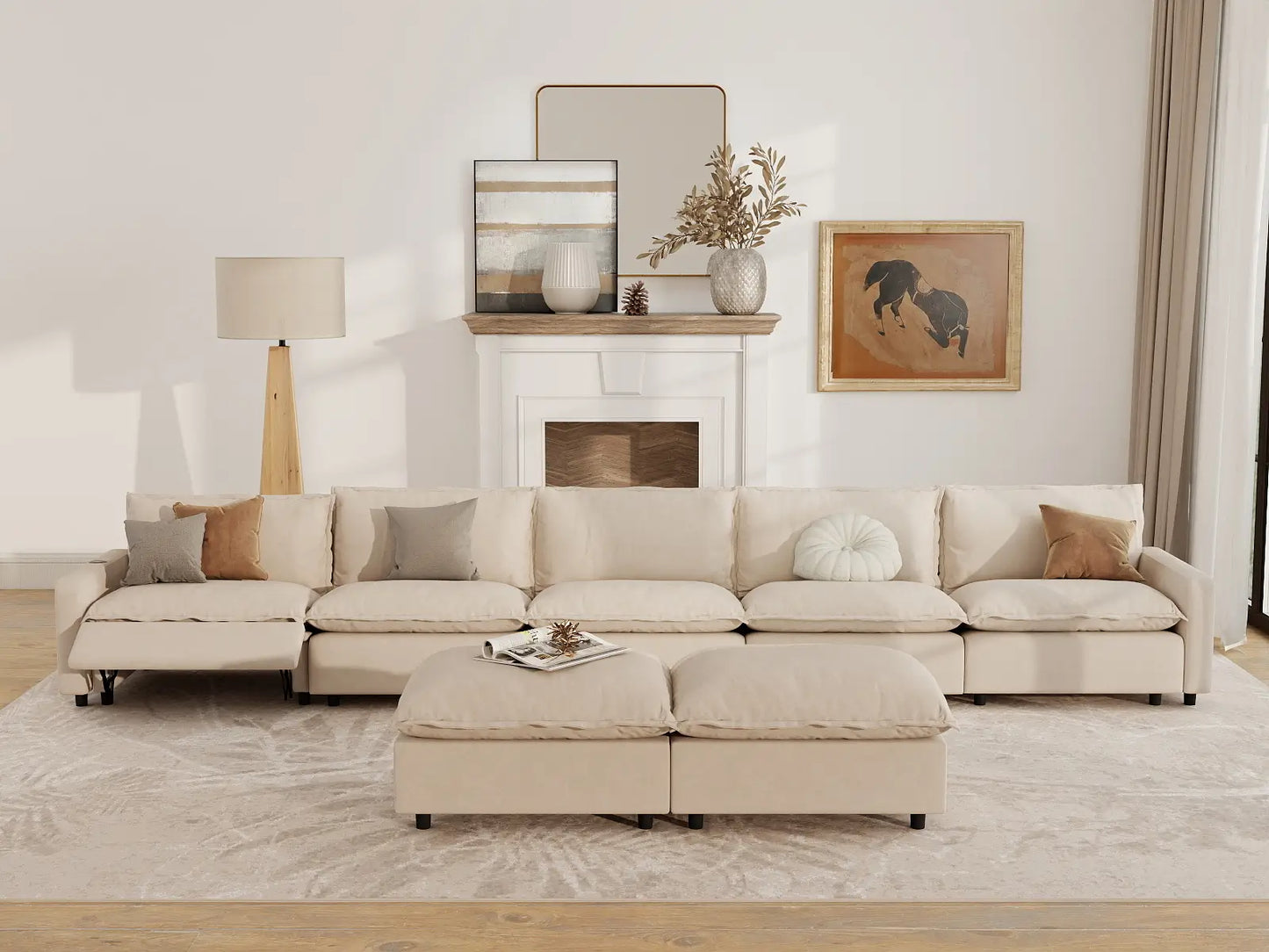 7 Piece Beige Linen Kid Friendly Sofa Sets 5 Seater with 2 Ottomans 7