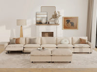 7 Piece Beige Linen Kid Friendly Sofa Sets 5 Seater with 2 Ottomans 7