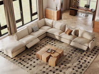 Modular Cero Power Reclining Sectional with Chaise | 7-Piece Beige Linen Large Space V-Shaped Sectionals 6-Seater with 1-Ottoman