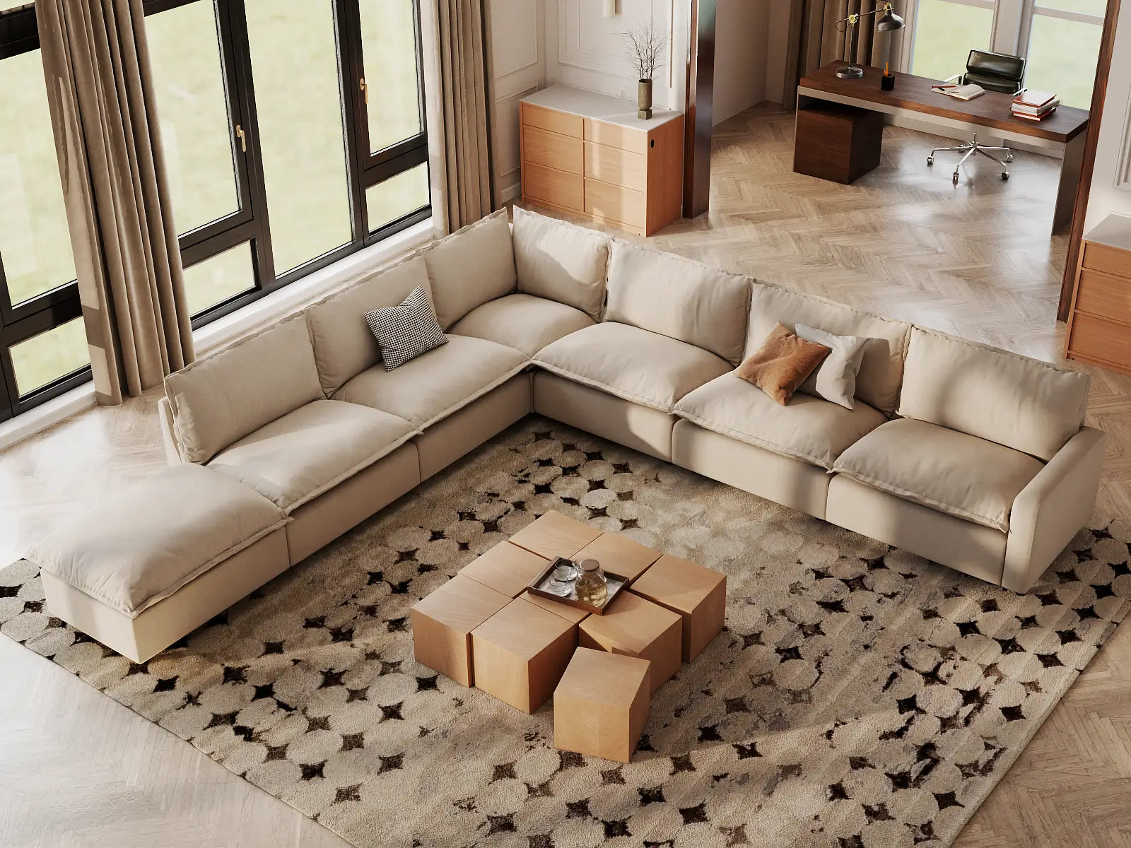 Modular Cero Modular Sectional Furniture | 7-Piece Beige Linen Large Space V-Shaped Sectionals 6-Seater with 1-Ottoman