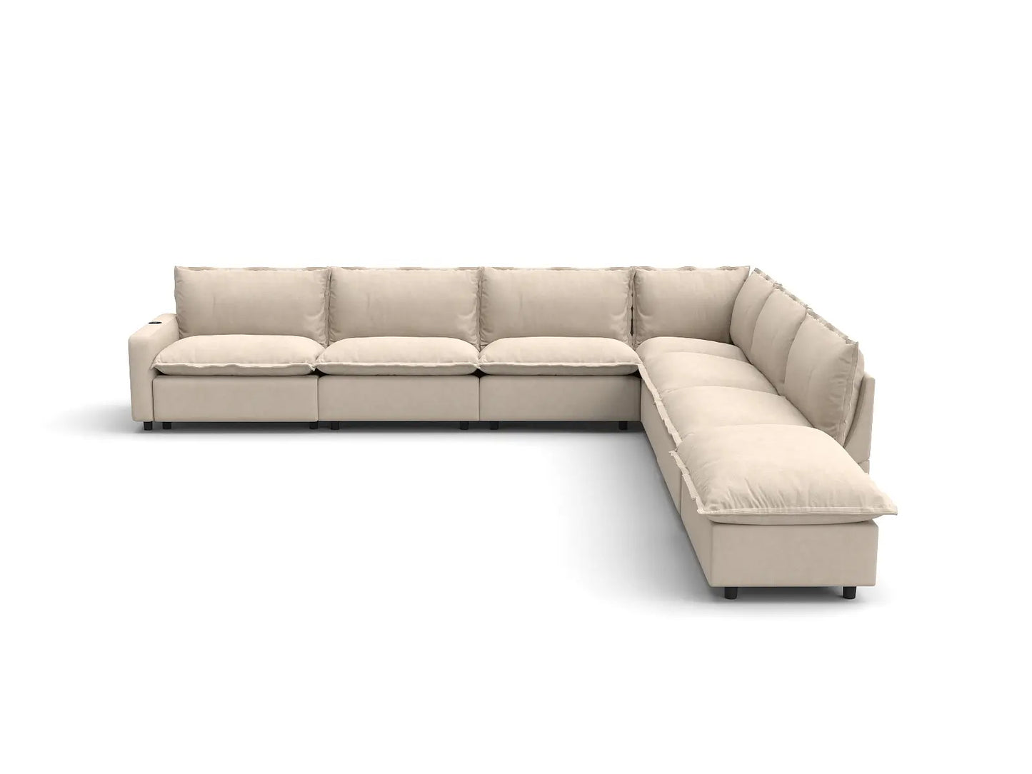 Modular Cero Power Reclining Sectional with Chaise | 7-Piece Beige Linen Large Space V-Shaped Sectionals 6-Seater with 1-Ottoman