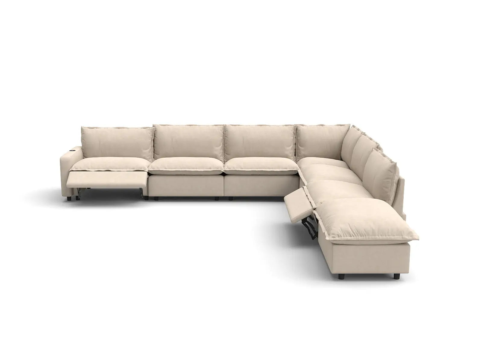 Modular Cero Power Reclining Sectional with Chaise | 7-Piece Beige Linen Large Space V-Shaped Sectionals 6-Seater with 1-Ottoman
