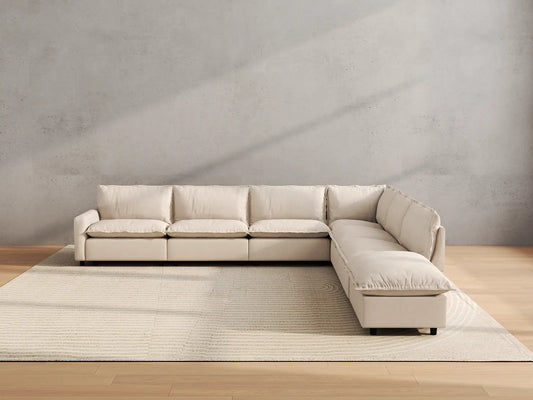 Modular Cero Modular Sectionals | 7-Piece Beige Linen Large Space V-Shaped Sectionals 6-Seater with 1-Ottoman