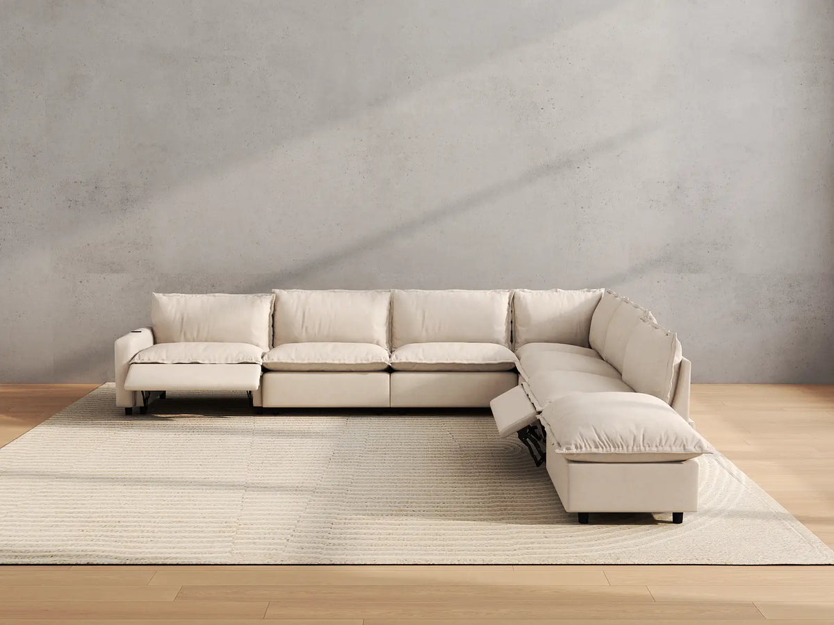Modular Cero Power Reclining Sectional with Chaise | 7-Piece Beige Linen Large Space V-Shaped Sectionals 6-Seater with 1-Ottoman