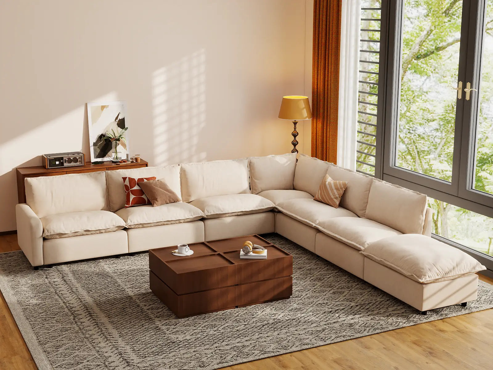 Modular Cero Modular Sectional Furniture | 7-Piece Beige Linen Large Space V-Shaped Sectionals 6-Seater with 1-Ottoman