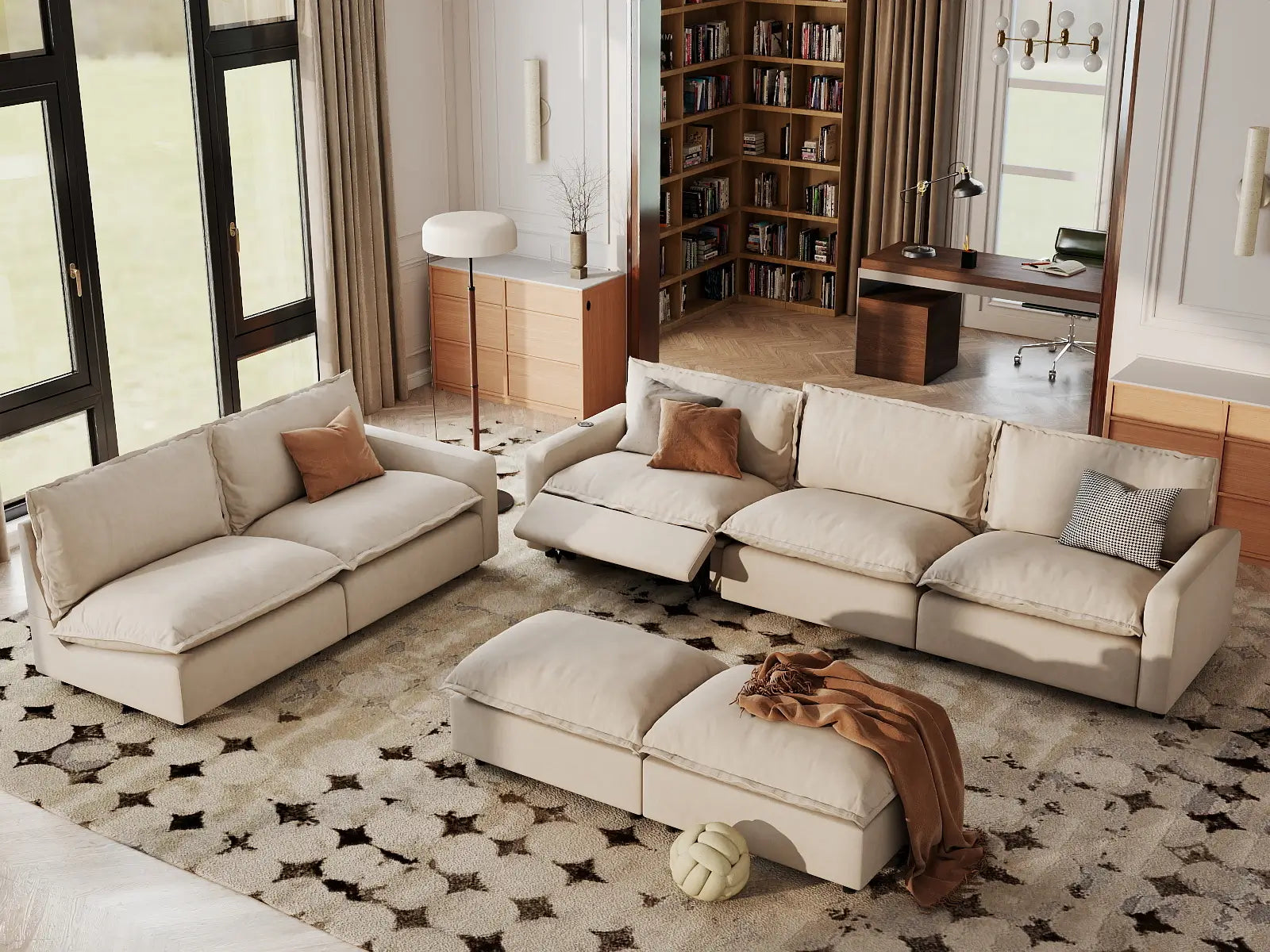 7 Piece Beige Linen Limitless Recline Sofa Sets 5 Seater with 2 Ottomans 1