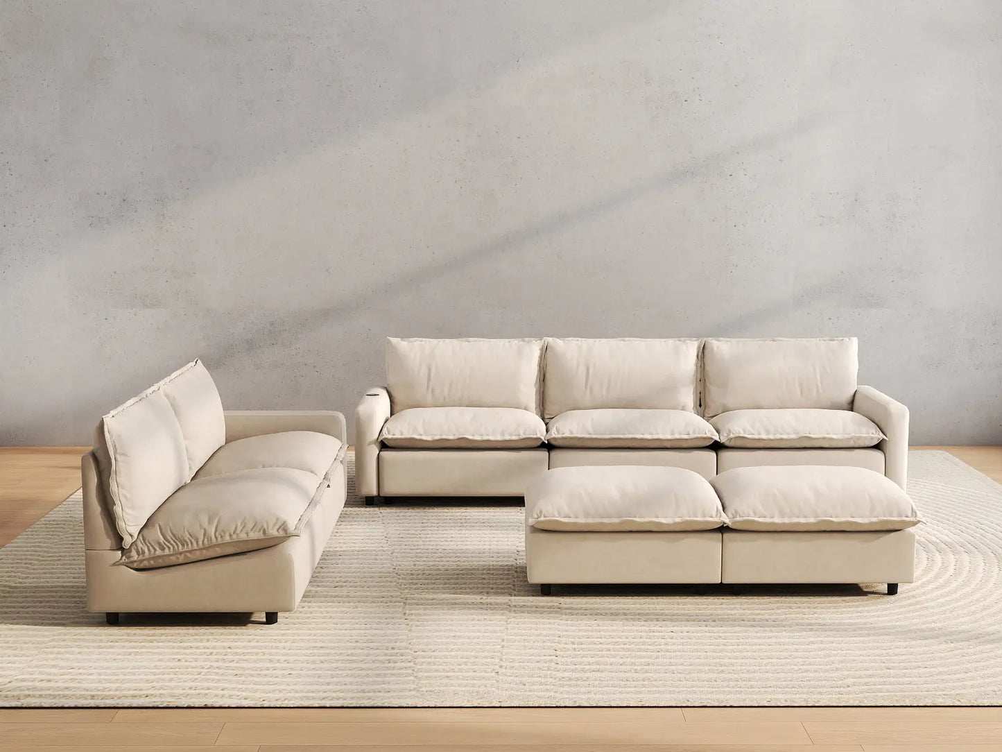 7 Piece Beige Linen Limitless Recline Sofa Sets 5 Seater with 2 Ottomans 4