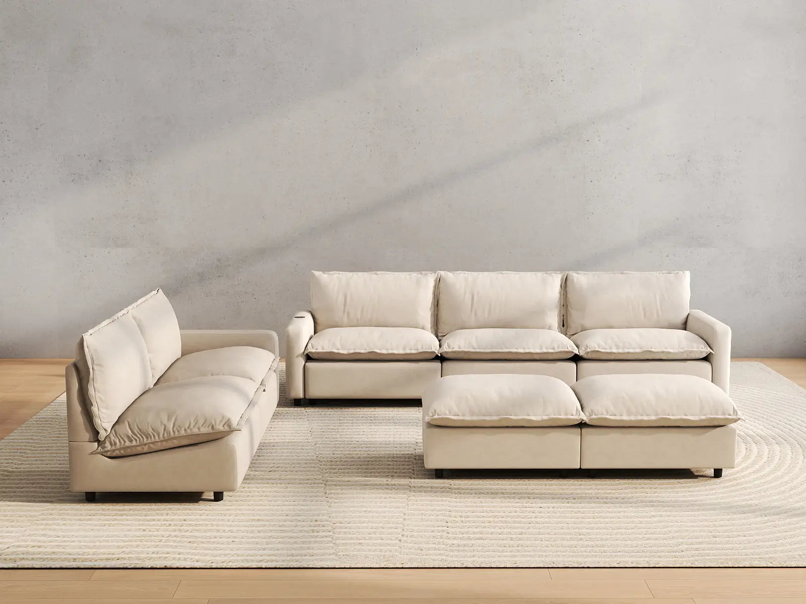 7 Piece Beige Linen Limitless Recline Sofa Sets 5 Seater with 2 Ottomans 4