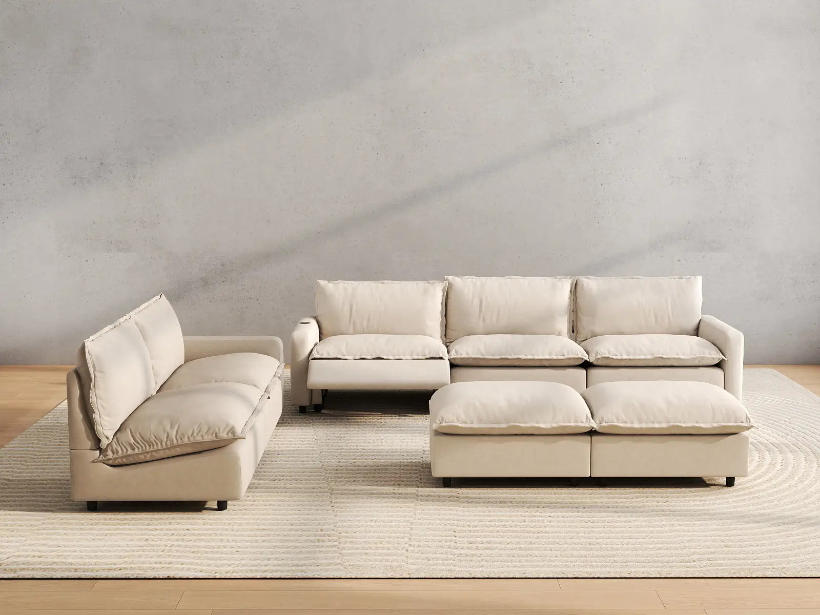7 Piece Beige Linen Limitless Recline Sofa Sets 5 Seater with 2 Ottomans 5