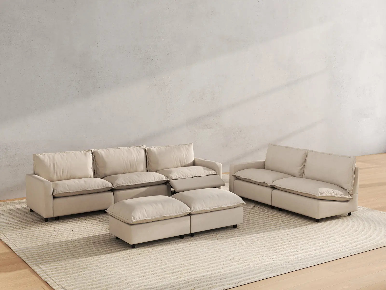 7 Piece Beige Linen Limitless Recline Sofa Sets 5 Seater with 2 Ottomans 6