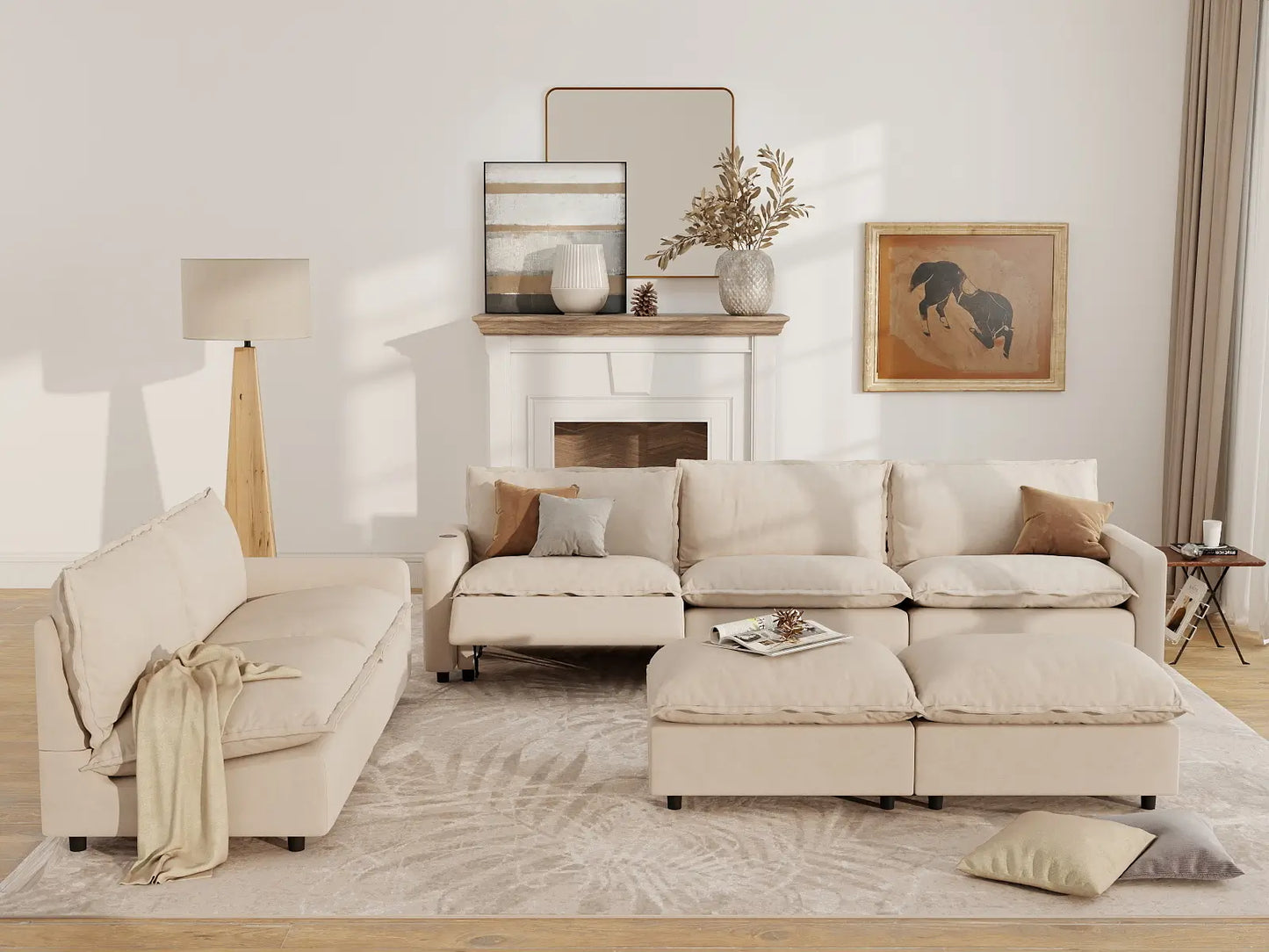 7 Piece Beige Linen Limitless Recline Sofa Sets 5 Seater with 2 Ottomans 7