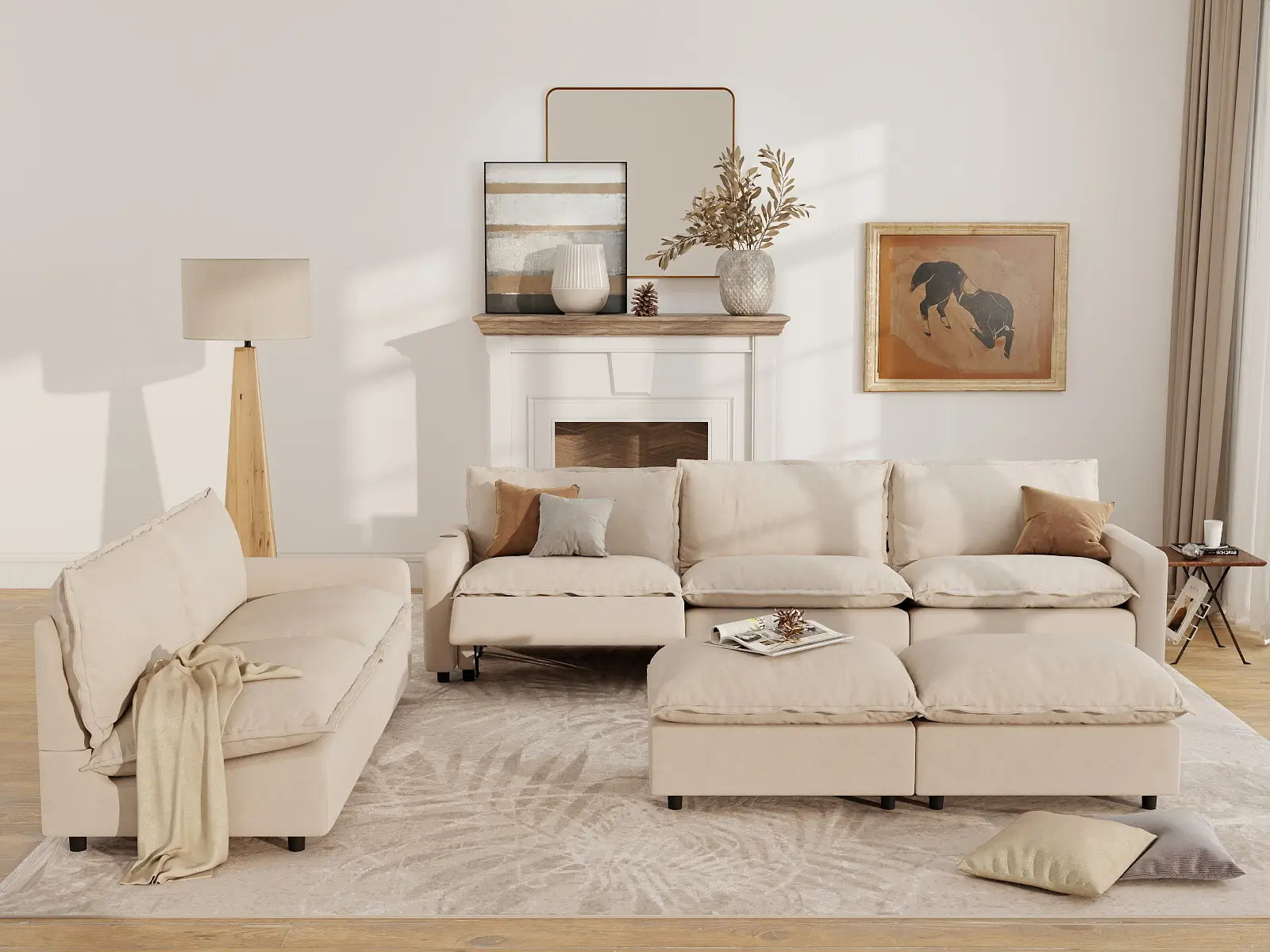 7 Piece Beige Linen Limitless Recline Sofa Sets 5 Seater with 2 Ottomans 7