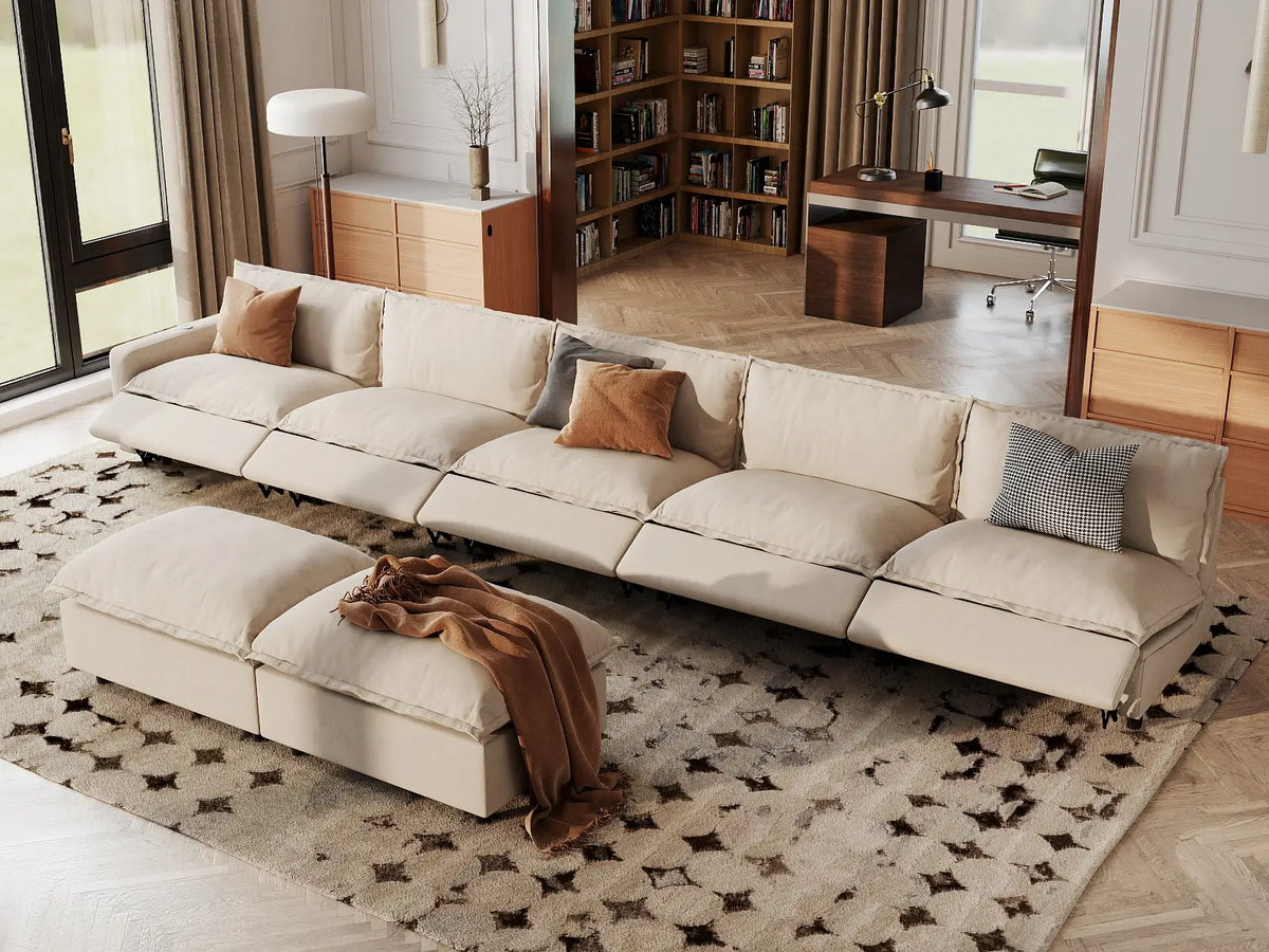 7 Piece Beige Linen Multi Purpose Use Sofa Sets 5 Seater with 2 Ottomans 1