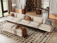 7 Piece Beige Linen Multi Purpose Use Sofa Sets 5 Seater with 2 Ottomans 1