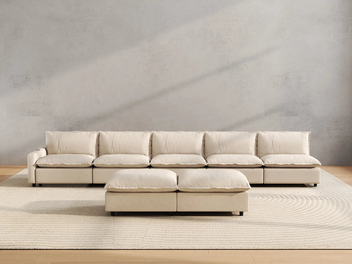 7 Piece Beige Linen Multi Purpose Use Sofa Sets 5 Seater with 2 Ottomans 4