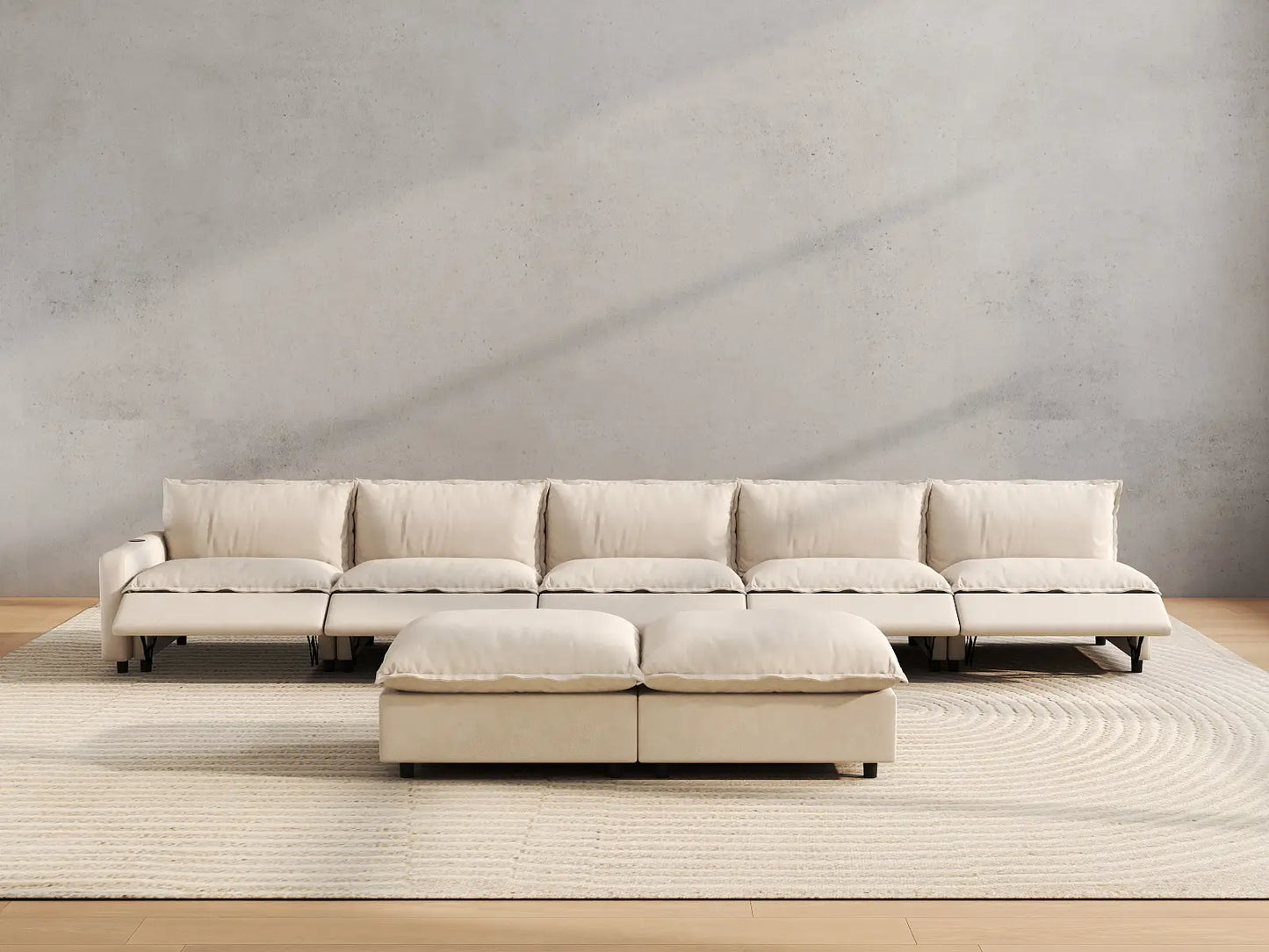 7 Piece Beige Linen Multi Purpose Use Sofa Sets 5 Seater with 2 Ottomans 5