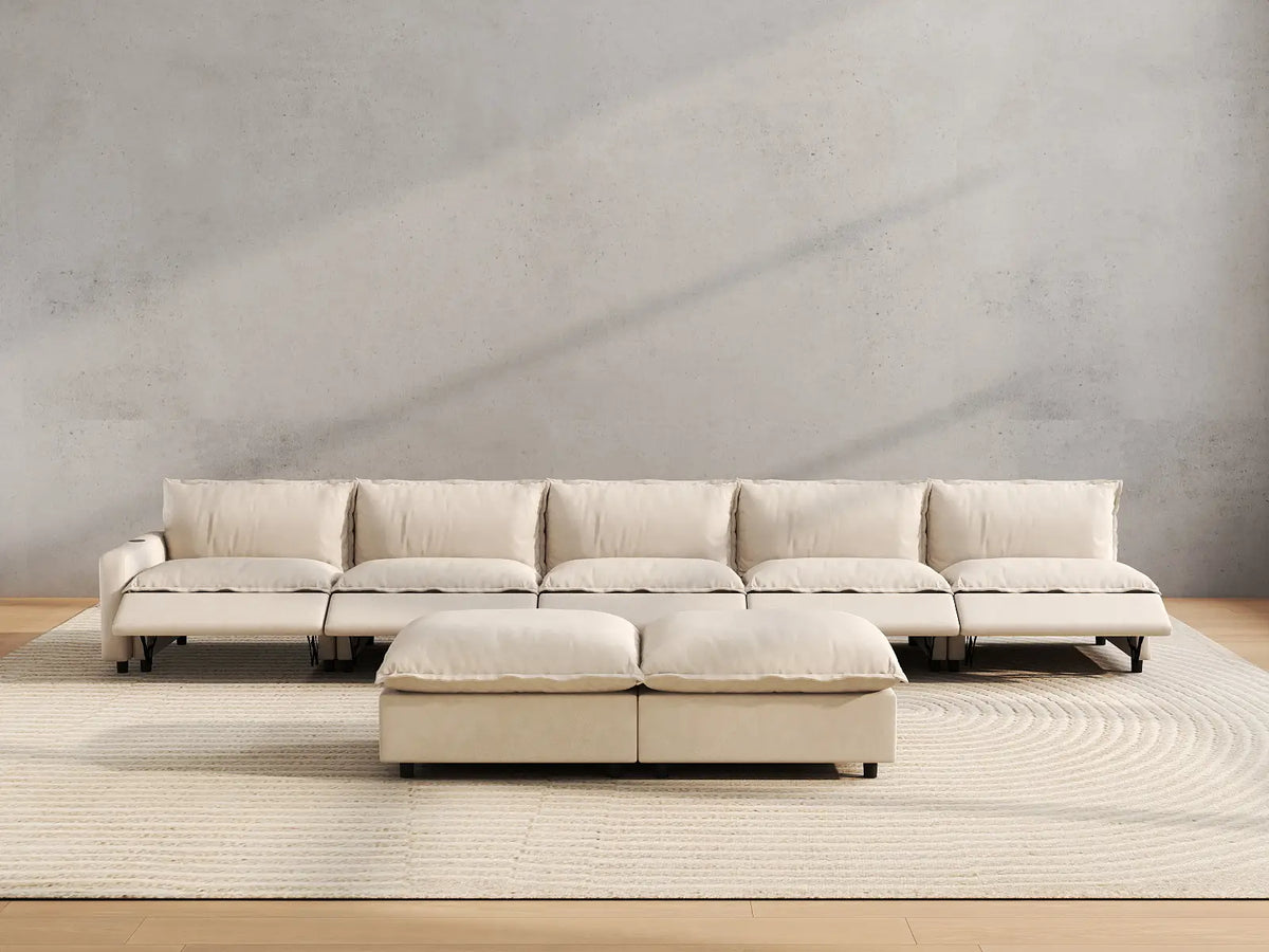 7 Piece Beige Linen Multi Purpose Use Sofa Sets 5 Seater with 2 Ottomans 5