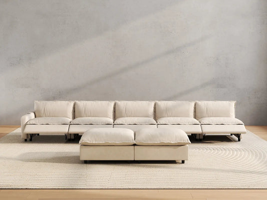 7 Piece Beige Linen Multi Purpose Use Sofa Sets 5 Seater with 2 Ottomans 5