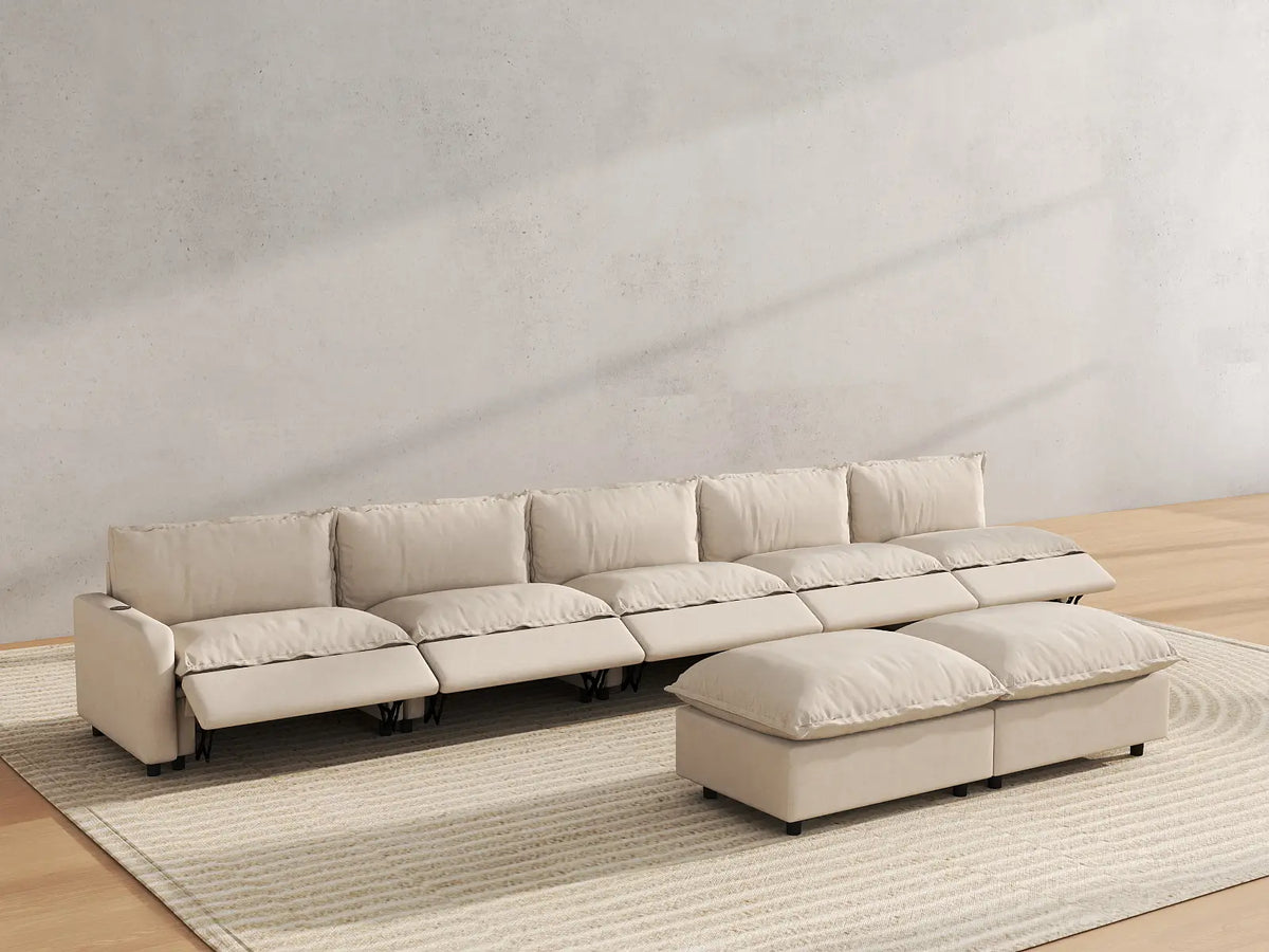 7 Piece Beige Linen Multi Purpose Use Sofa Sets 5 Seater with 2 Ottomans 6