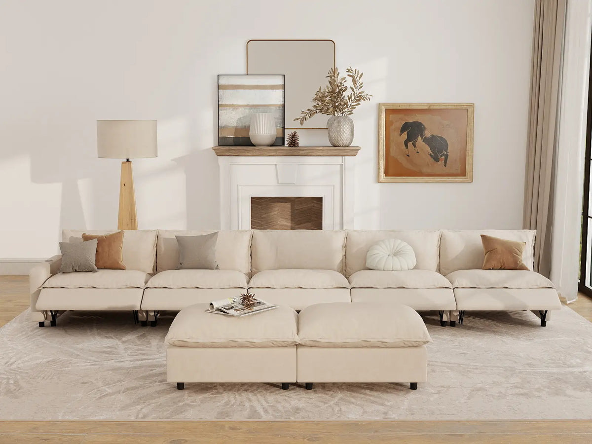 7 Piece Beige Linen Multi Purpose Use Sofa Sets 5 Seater with 2 Ottomans 7