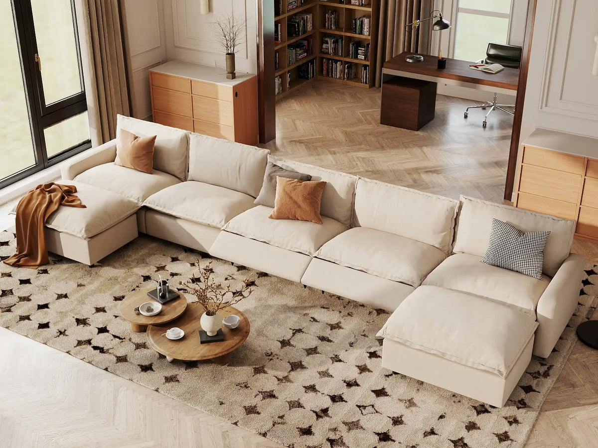 7 Piece Beige Linen Soft Neck Cradle U Shaped Sectionals 5 Seater with 2 Ottomans 1