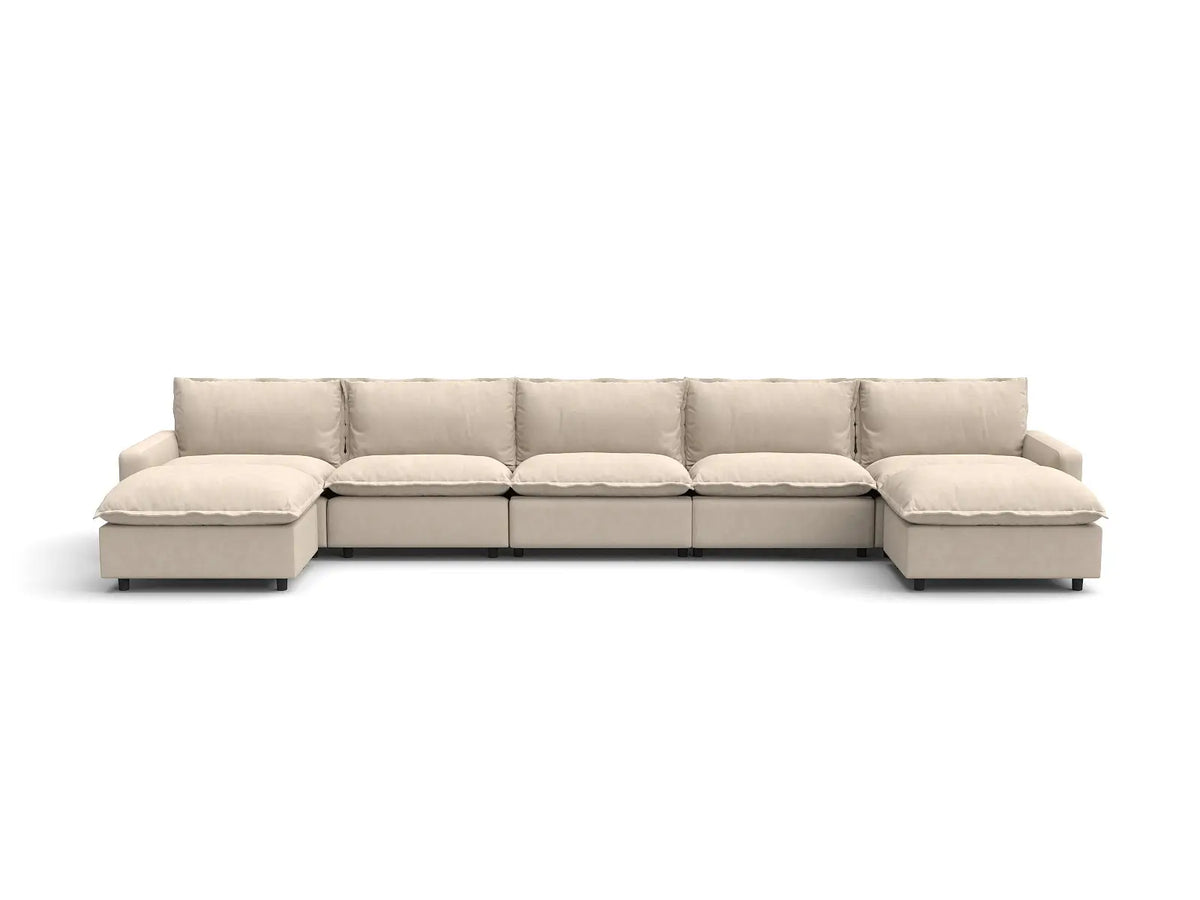 7 Piece Beige Linen Soft Neck Cradle U Shaped Sectionals 5 Seater with 2 Ottomans 2