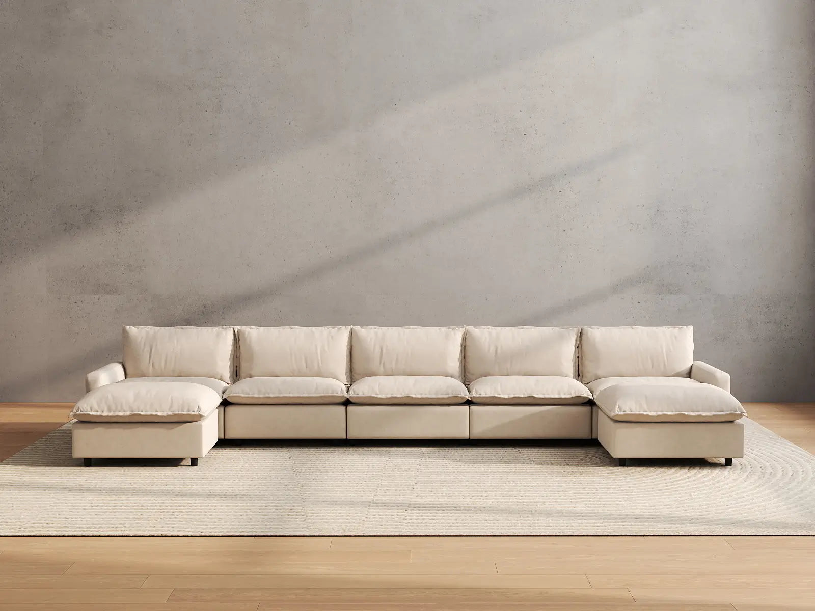 7 Piece Beige Linen Soft Neck Cradle U Shaped Sectionals 5 Seater with 2 Ottomans 4