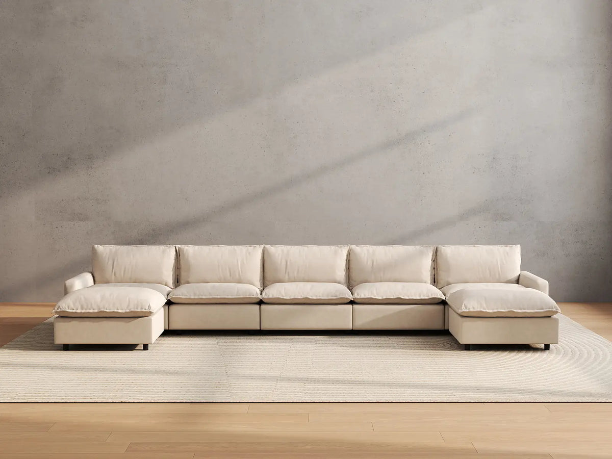 7 Piece Beige Linen Soft Neck Cradle U Shaped Sectionals 5 Seater with 2 Ottomans 4