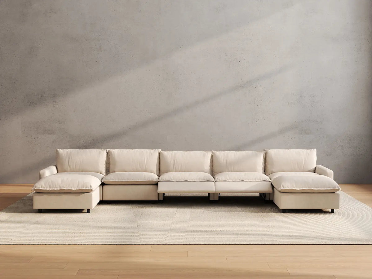 7 Piece Beige Linen Soft Neck Cradle U Shaped Sectionals 5 Seater with 2 Ottomans 5