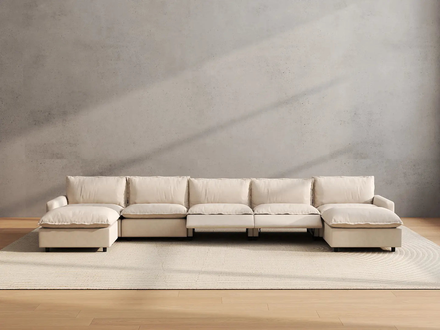 7 Piece Beige Linen Soft Neck Cradle U Shaped Sectionals 5 Seater with 2 Ottomans 5