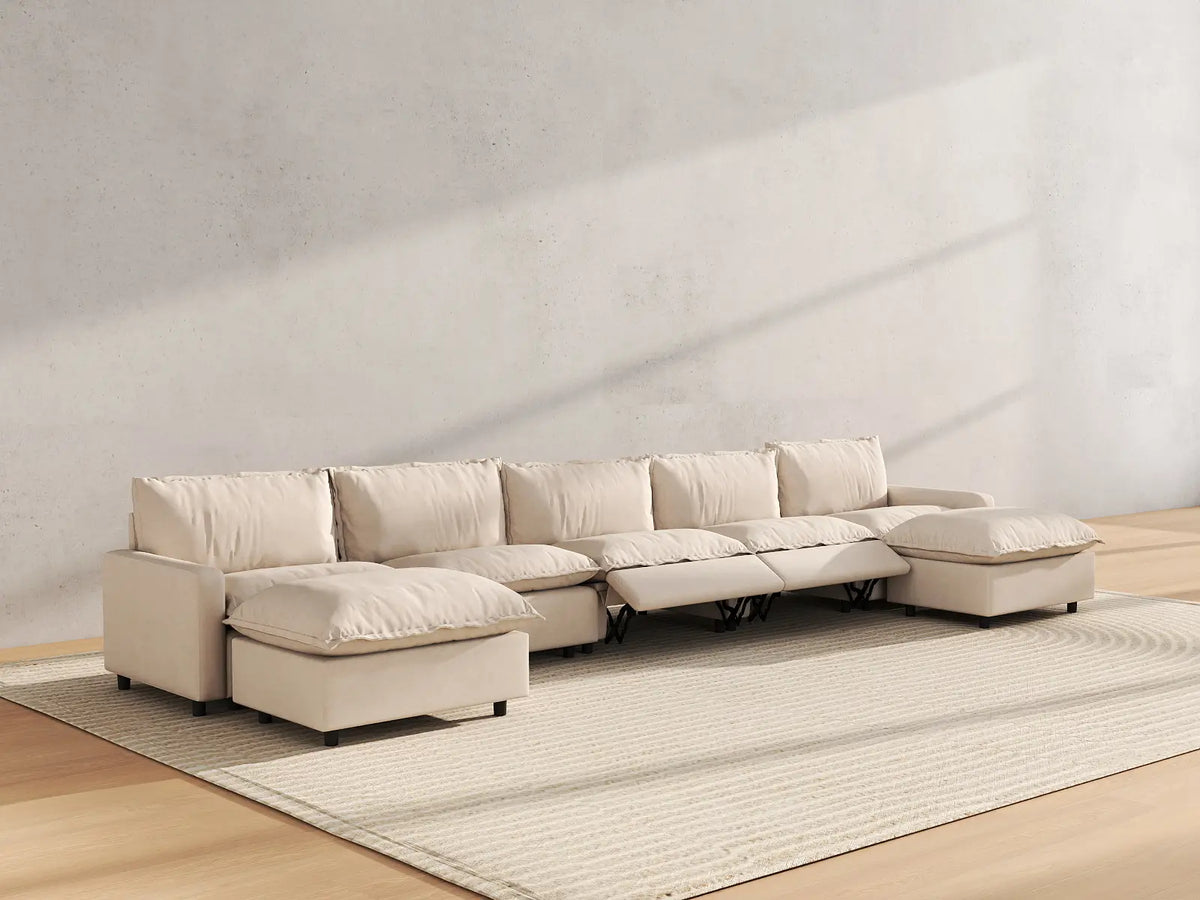 7 Piece Beige Linen Soft Neck Cradle U Shaped Sectionals 5 Seater with 2 Ottomans 6