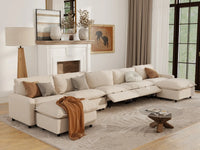 7 Piece Beige Linen Soft Neck Cradle U Shaped Sectionals 5 Seater with 2 Ottomans 7