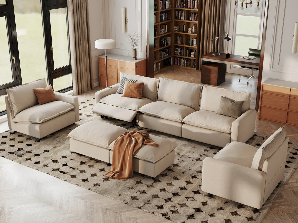 7 Piece Beige Linen Zero Gravity Mode Sofa Sets 5 Seater with 2 Ottomans 1
