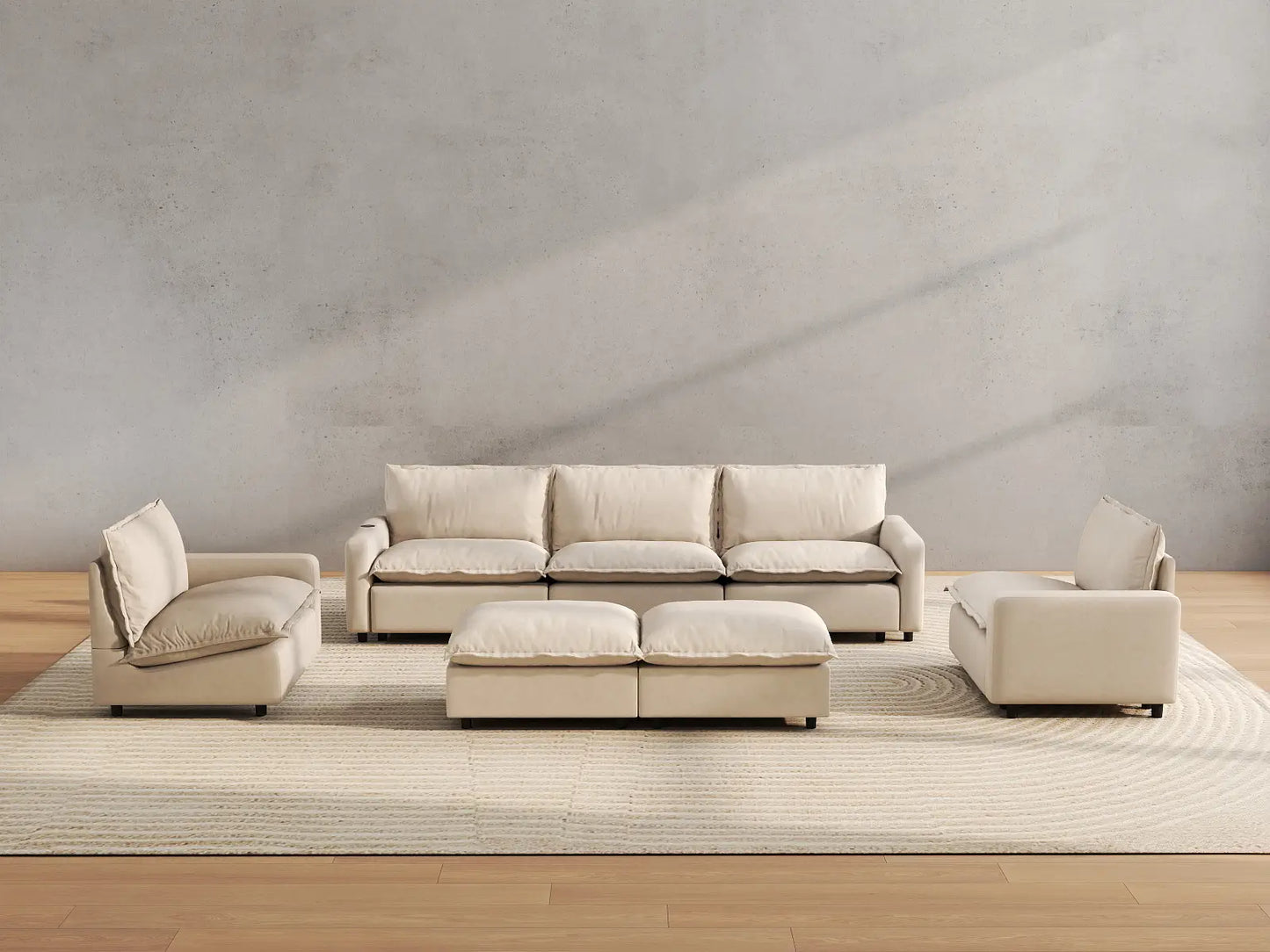 7 Piece Beige Linen Zero Gravity Mode Sofa Sets 5 Seater with 2 Ottomans 4